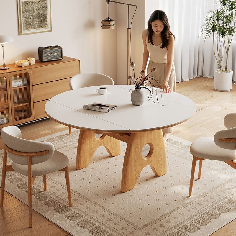 原木奶油風可伸縮摺疊岩板餐檯 家用細單位 方圓兩用飯檯 dining table