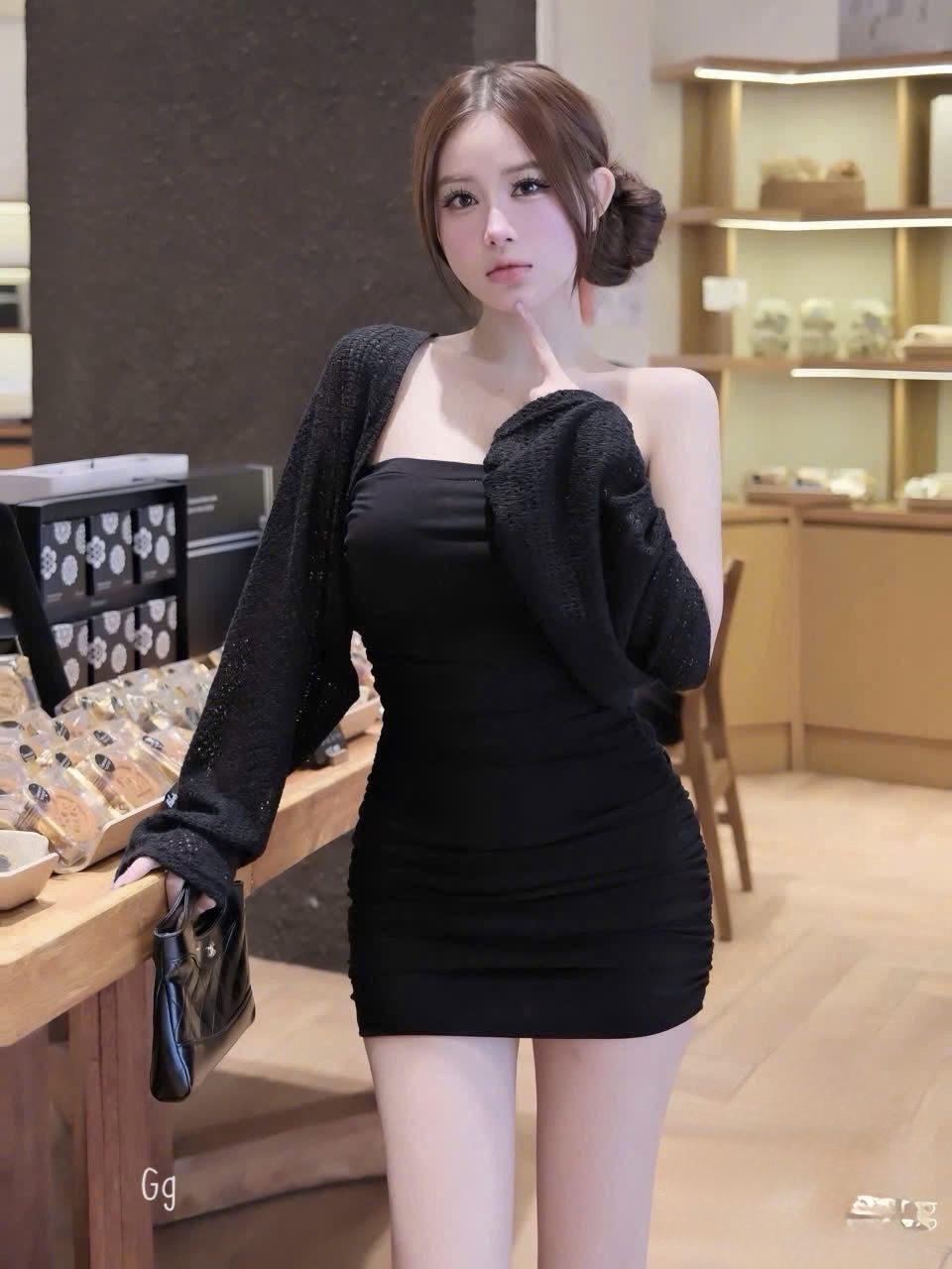 褶皺修身迷你連身裙配開襟衫