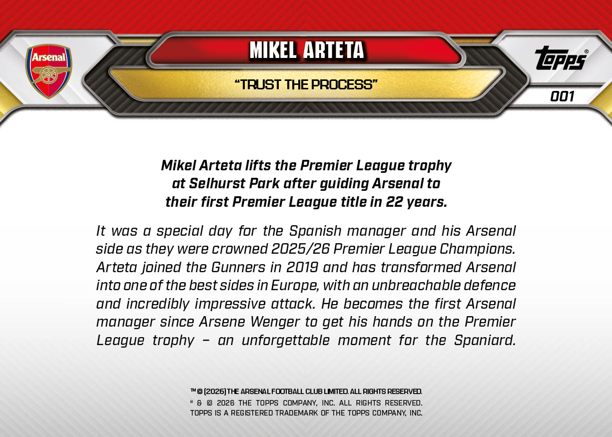 Mikel Arteta - 2025/26 Arsenal FC Topps NOW #1 英超冠軍捧盃卡｜PR 5,684