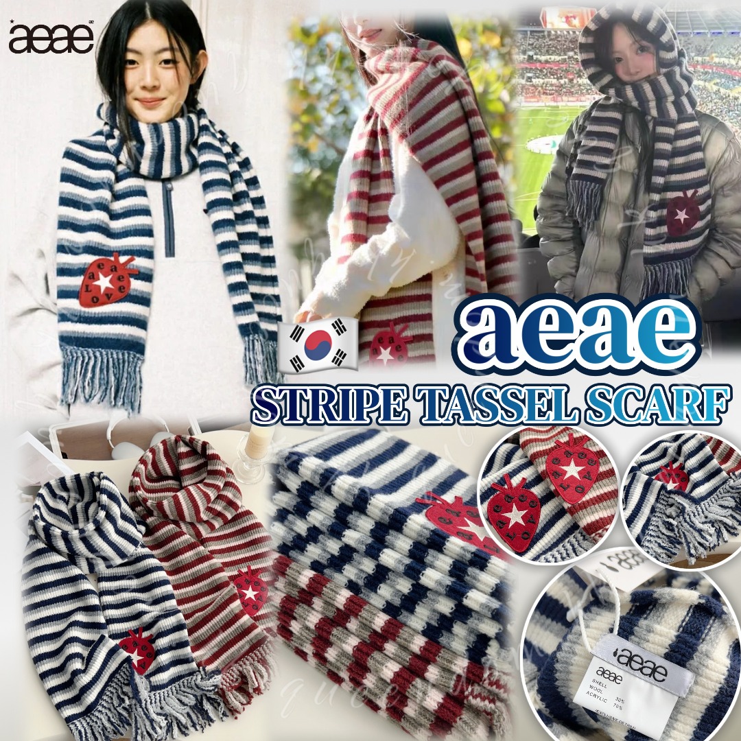 韓國🇰🇷 aeae STRIPE TASSEL MUFFLER 條紋草莓圍巾
