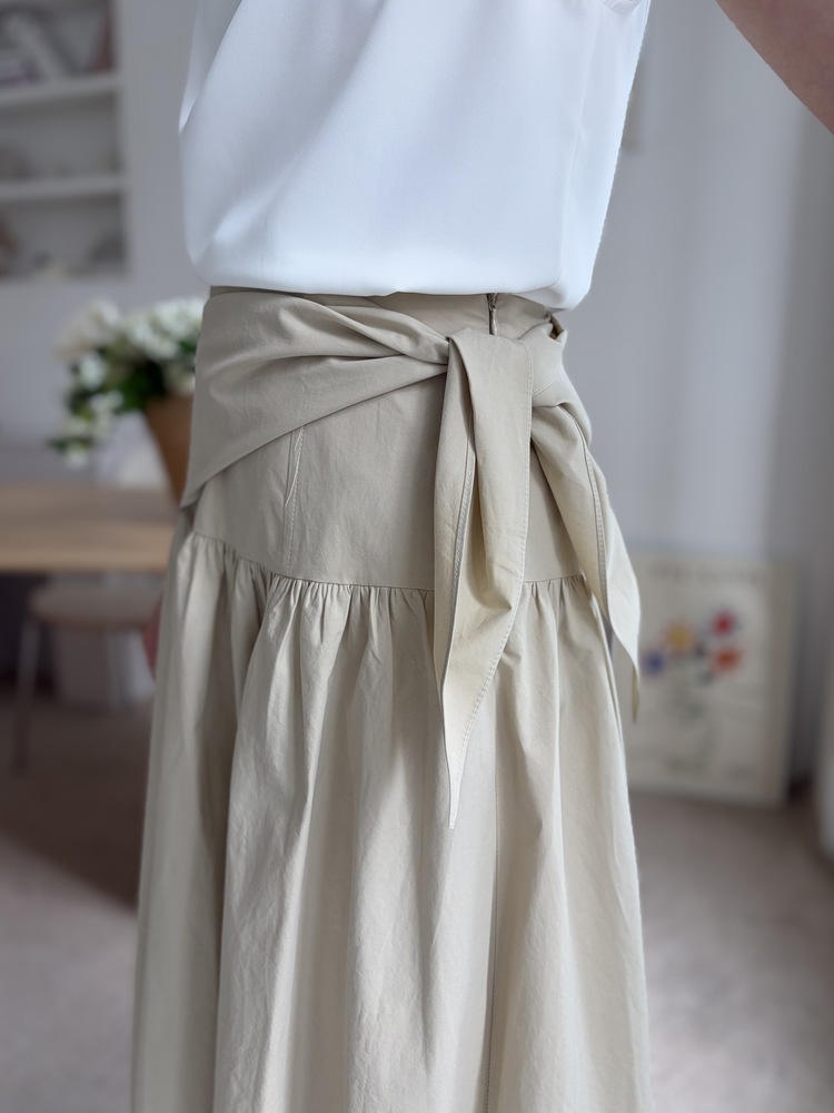 Wrap-Waist Flare Skirt (Beige)