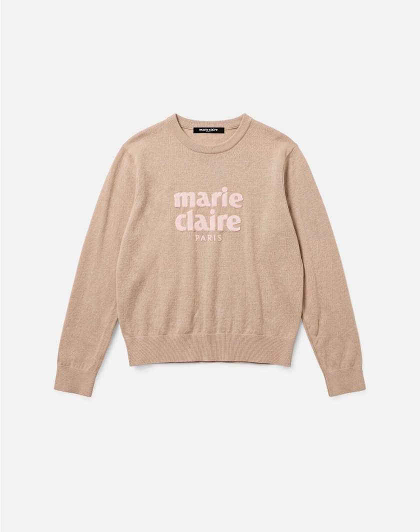 Marie Claire Essential Logo Jacquard Wool Round Knit 