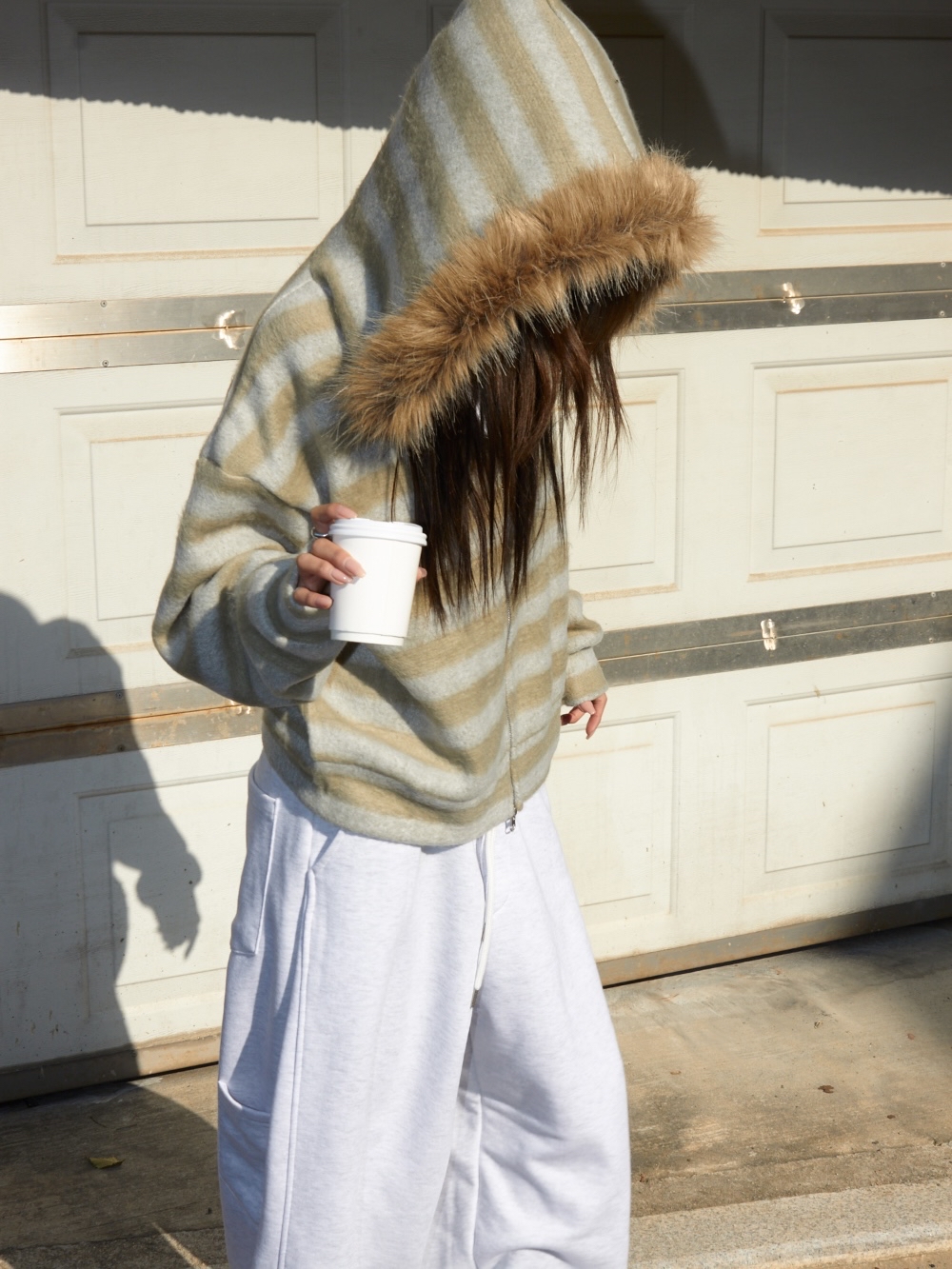 Striped Faux Fur Zip Hoodie(Unisex)