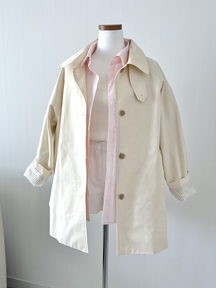 Stripe-Lined Relaxed Trench Coat (Cream)