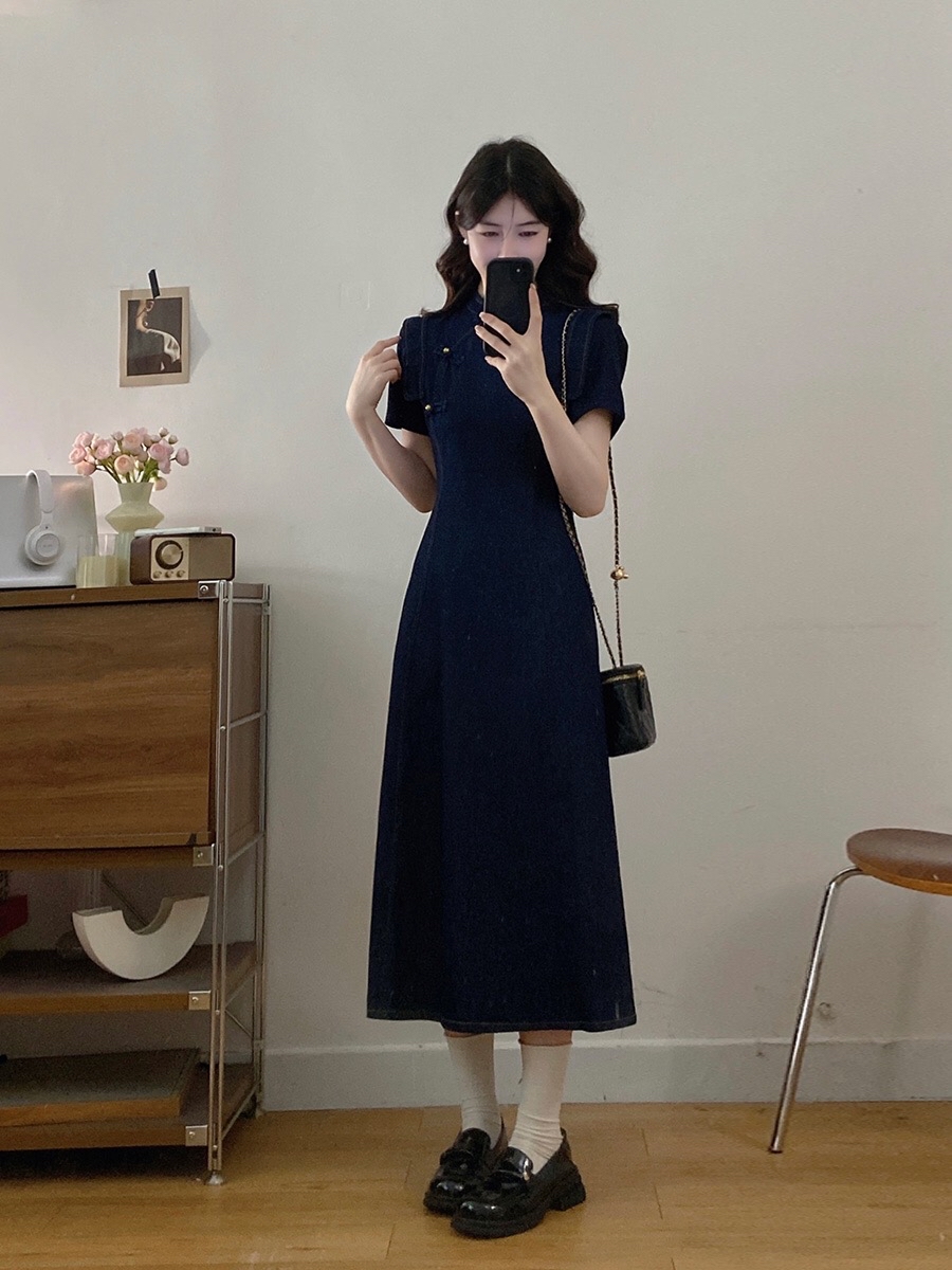 B154(3560) 新中式JEANS气质优雅木耳边肩蓝旗袍连身裙