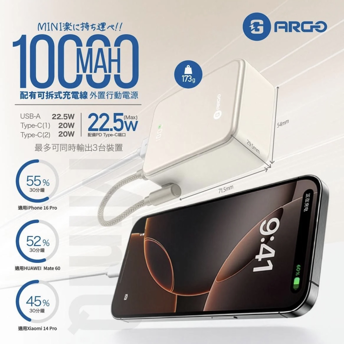 ARGO MiniQ 10000mAh 超迷你快充行動電源（香港行貨）