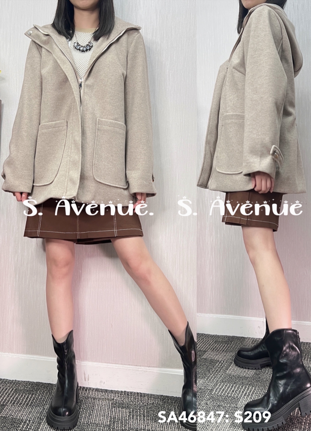 SA46847: 長袖有帽方袋絾褸