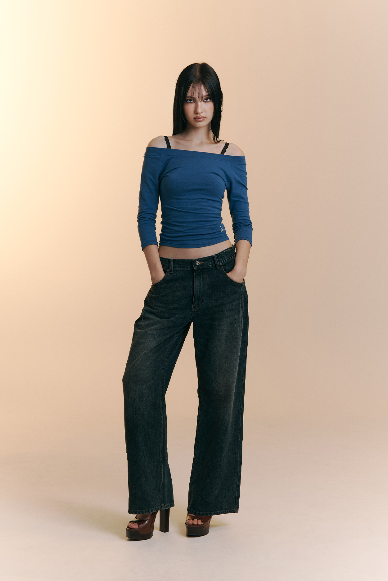 pleaseNOFOLLOW - Zed Off-Shoulder Long Sleeve Top (Blue)