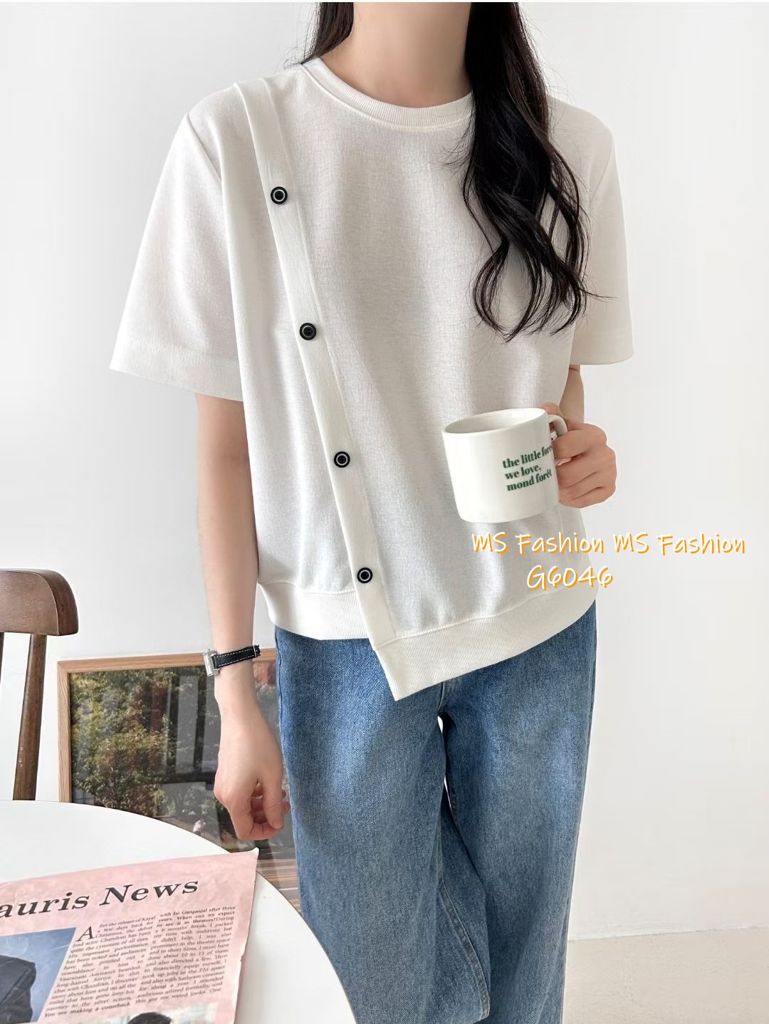 G6046 韓國🇰🇷不規則衫腳斜鈕top