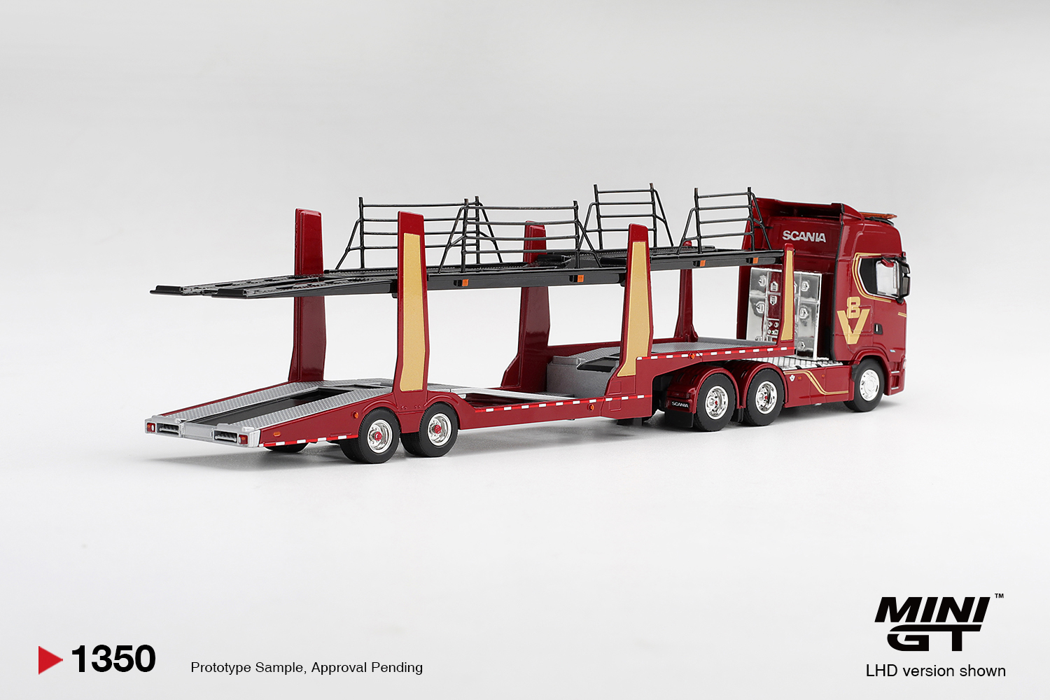 MINI GT 007 Scania 770S A6x4NA Car Transporter V8 50th anniversary + Car transporter Red ( MGT01350-R ) MINIGT