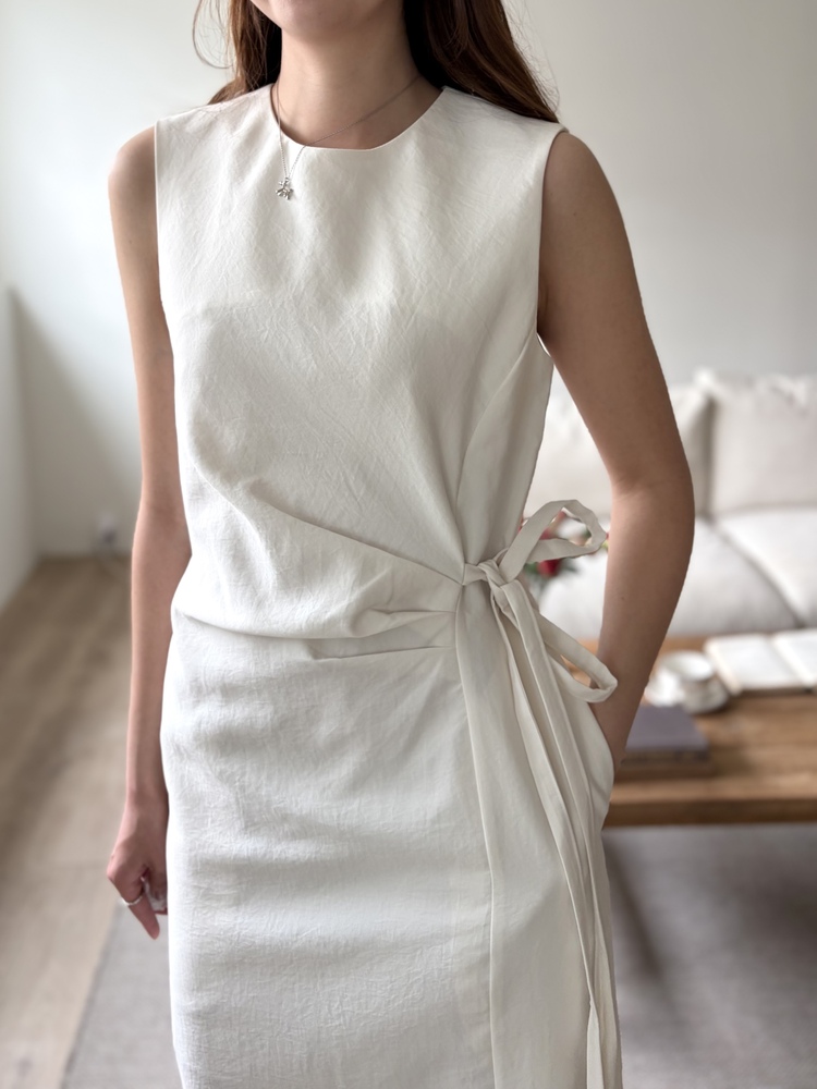 Gathered Waist Tie Dress (Ivory)