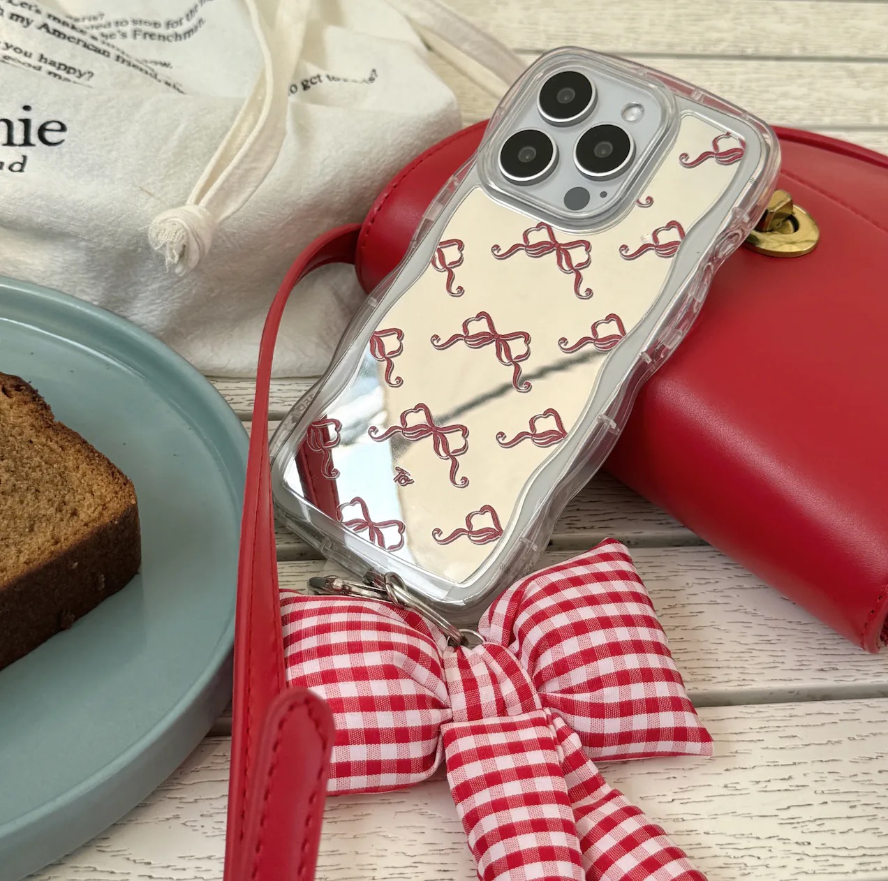 Phone Charm Set｜布款大蝴蝶結掛飾*紅白格子*
