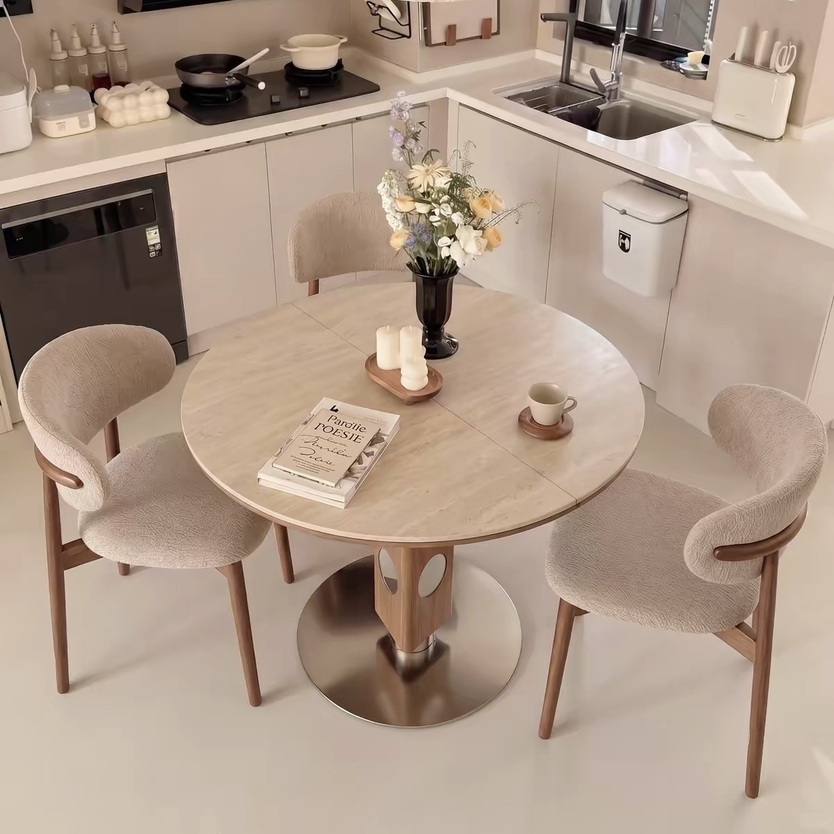 家用細單位方變橢圓岩板餐枱 中復古風 可伸縮摺疊實木食飯枱 Dining table