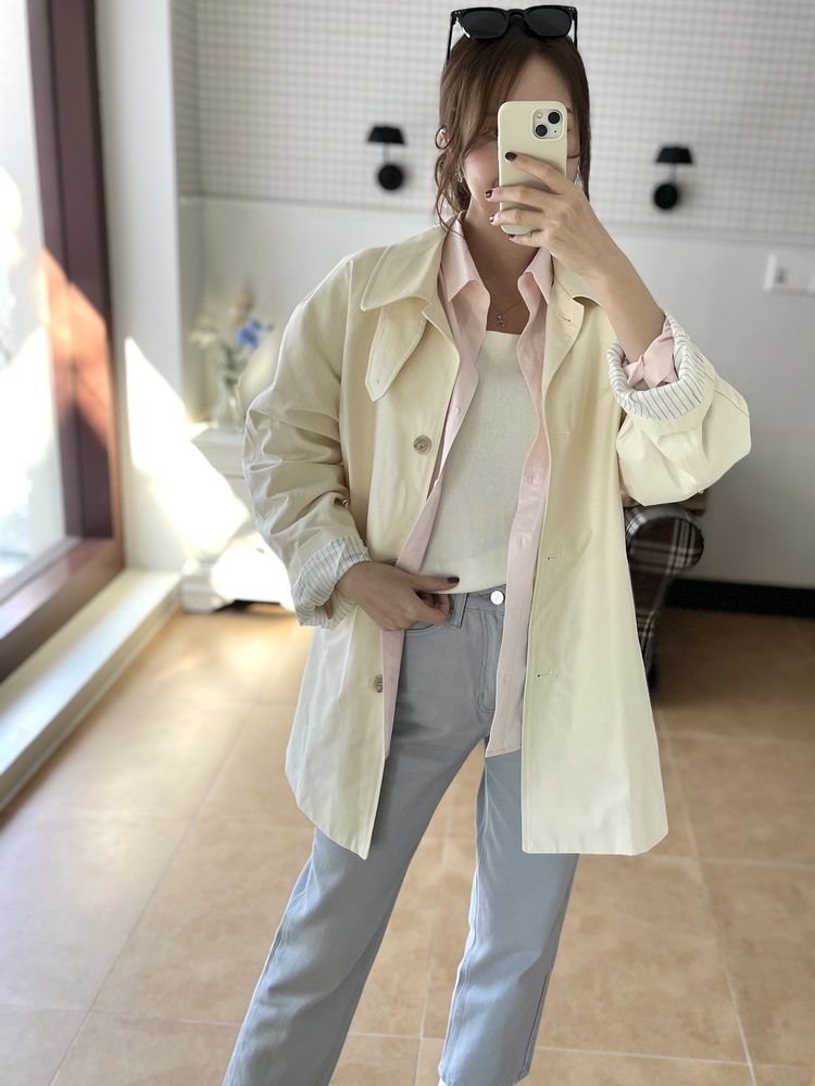 Stripe-Lined Relaxed Trench Coat (Cream)