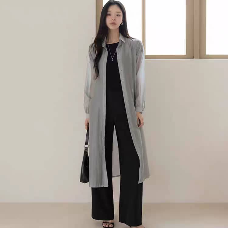 Lightweight Button-Down Long Shirt Jacket with Waist Tie ‖ 轻薄排扣长版衬衫外套附腰带 KR0193301