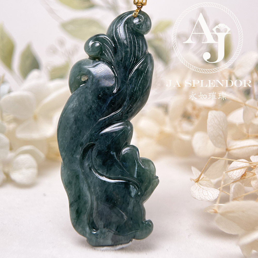 JNK-137 天然翡翠A玉 老藍水18K福壽雙全九尾狐吊墜 (法師加持)