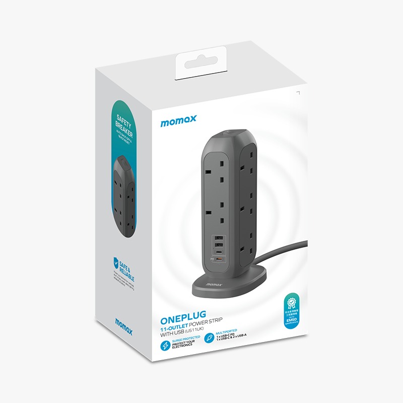 Momax ONEPLUG 11位插座電源板，帶USB（1 USB-C，1 USB-A）