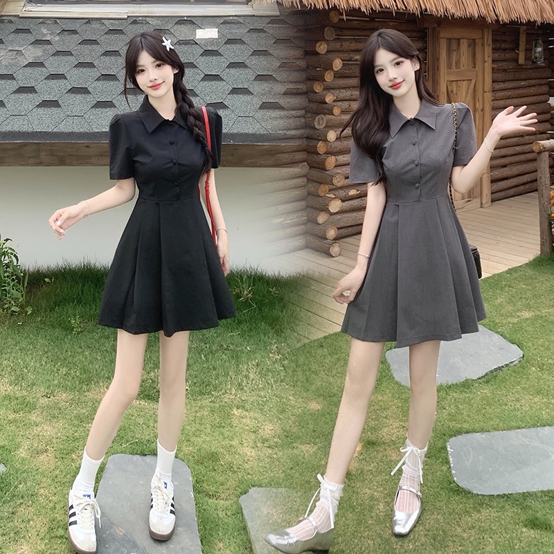 B182(365) 韩版高级感POLO翻领下摆规律百褶黑灰连身裙