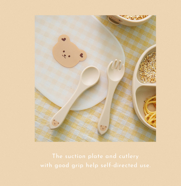 Dottodot 開心熊仔矽膠餐具系列-勺叉套裝(beige bear)