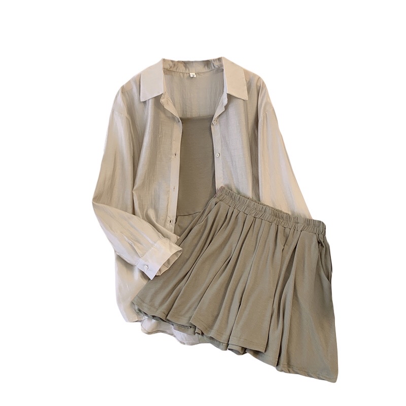 B304(12868) 韩系休闲风吊带内搭与薄款开衫与短裤3色三件套套装