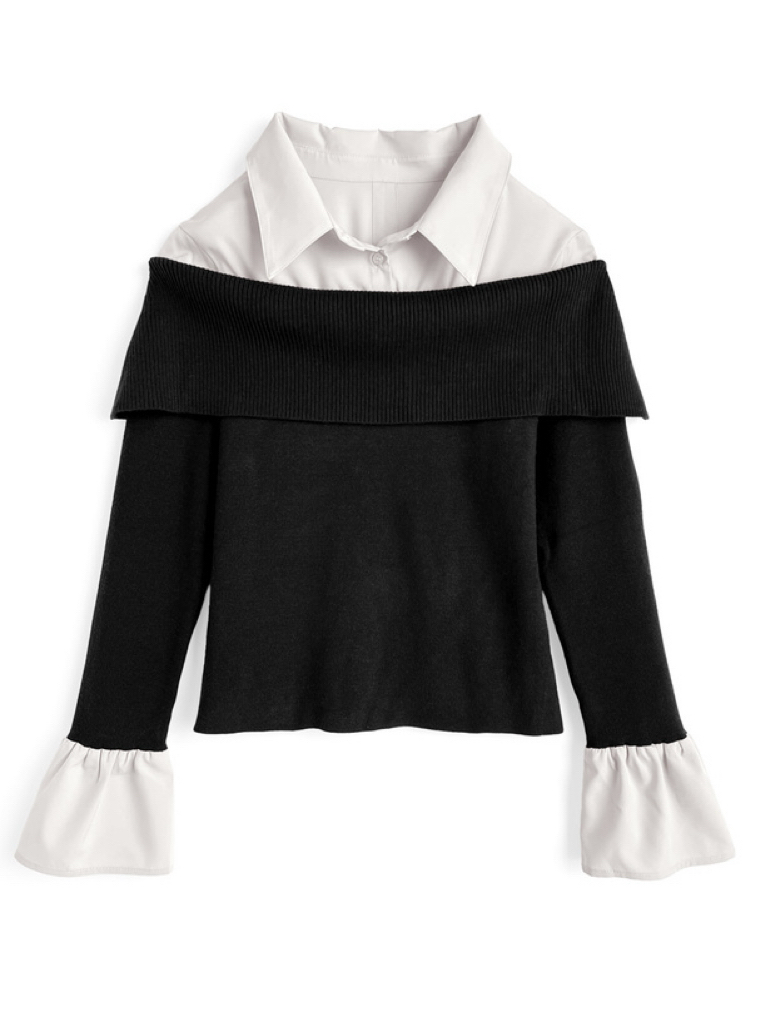 假兩件針織拼色恤衫(JP)[黑色]309508