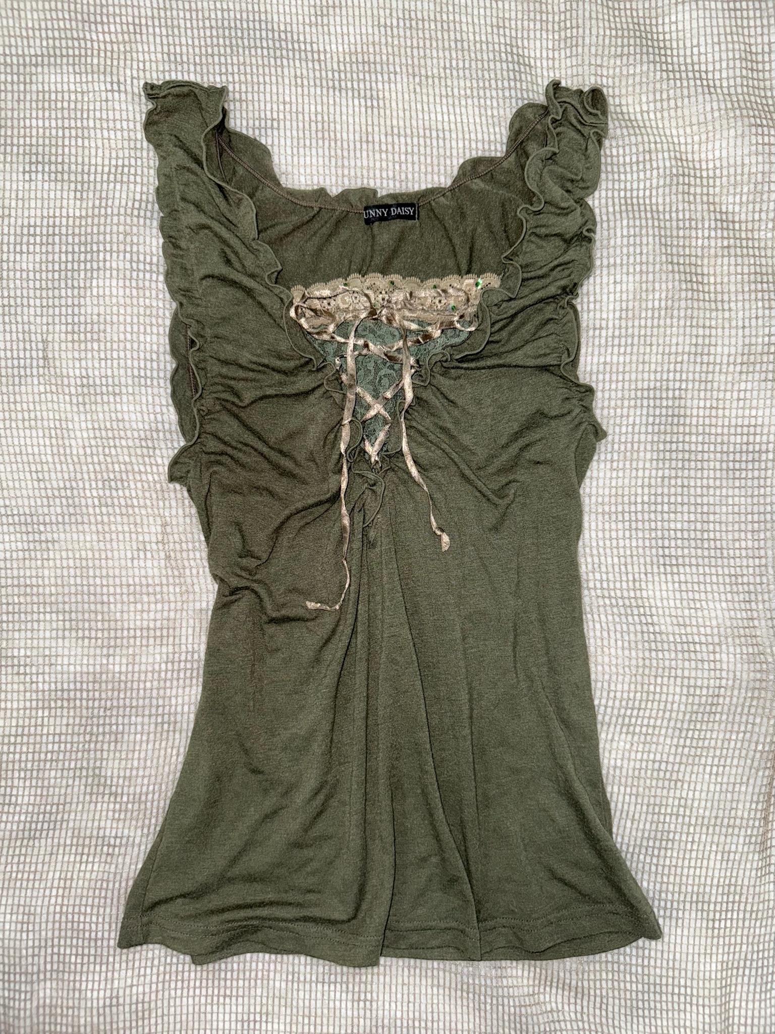 Khaki Green Lace Trim fairy Style Cami