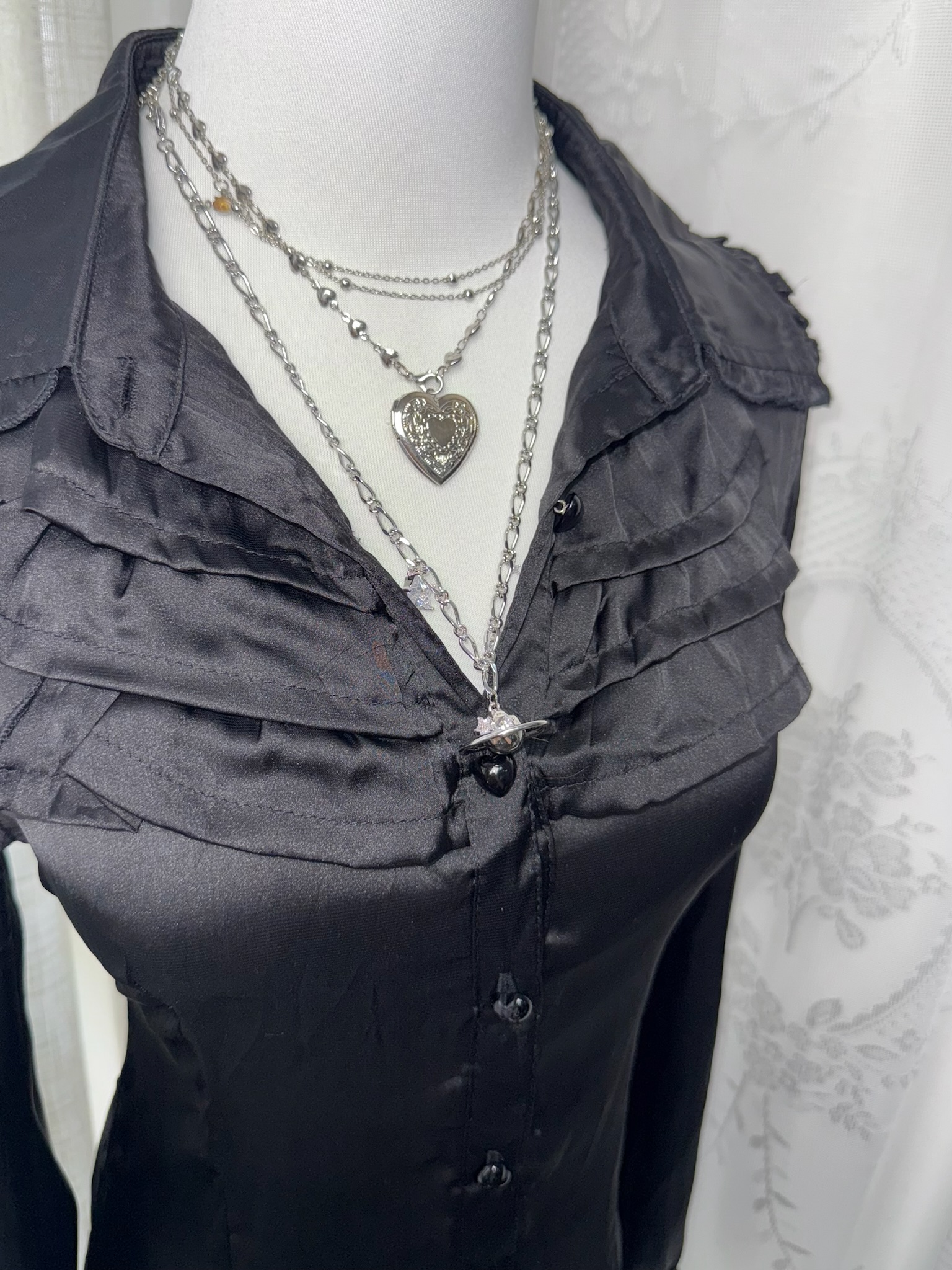 Vampire Style Tiered Ruffle Satin Button-Up Shirt