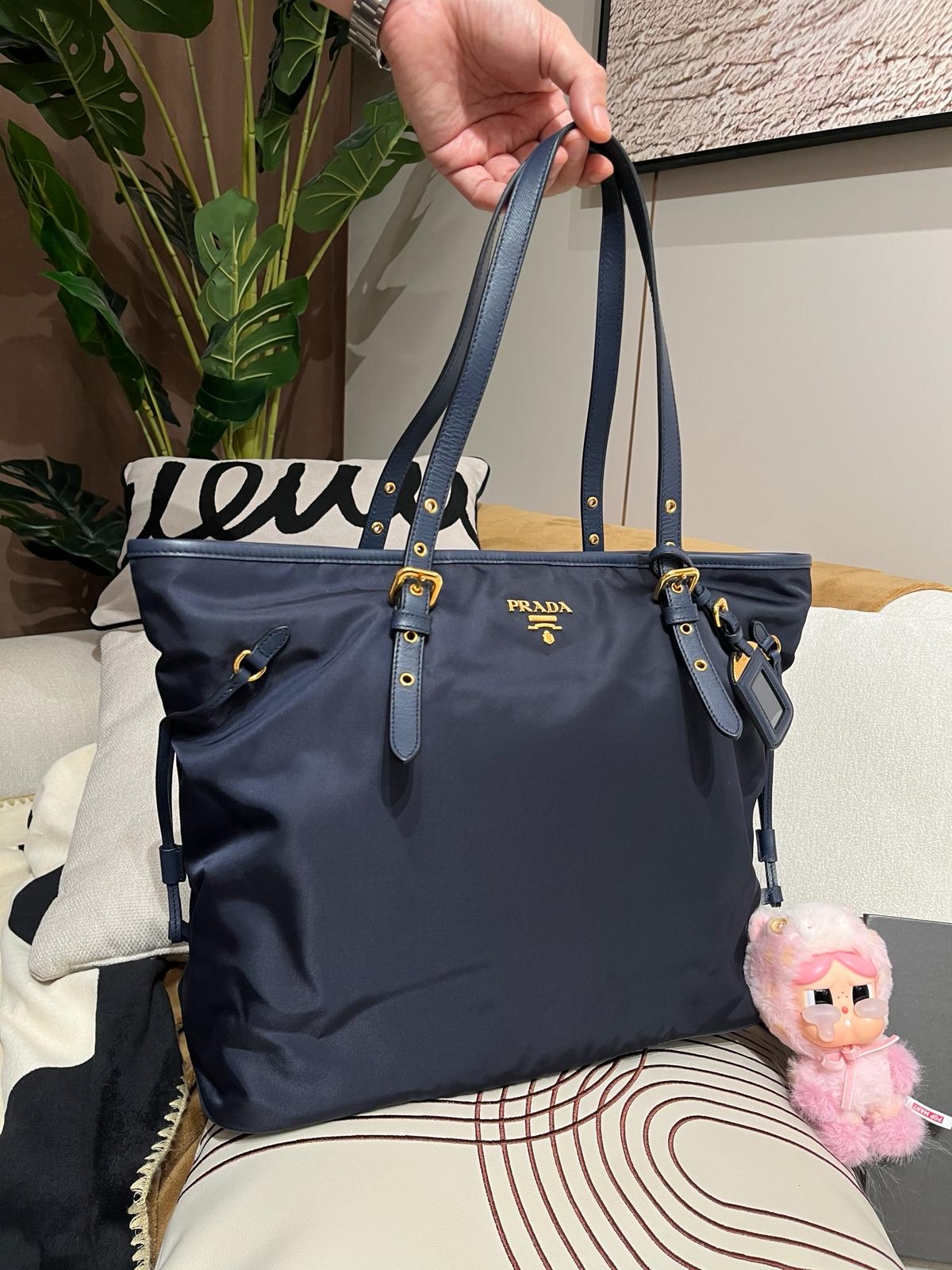 Prada Nylon Shopping Tote Bag Navy 100%Authentic, 98%New ✅ certificate 