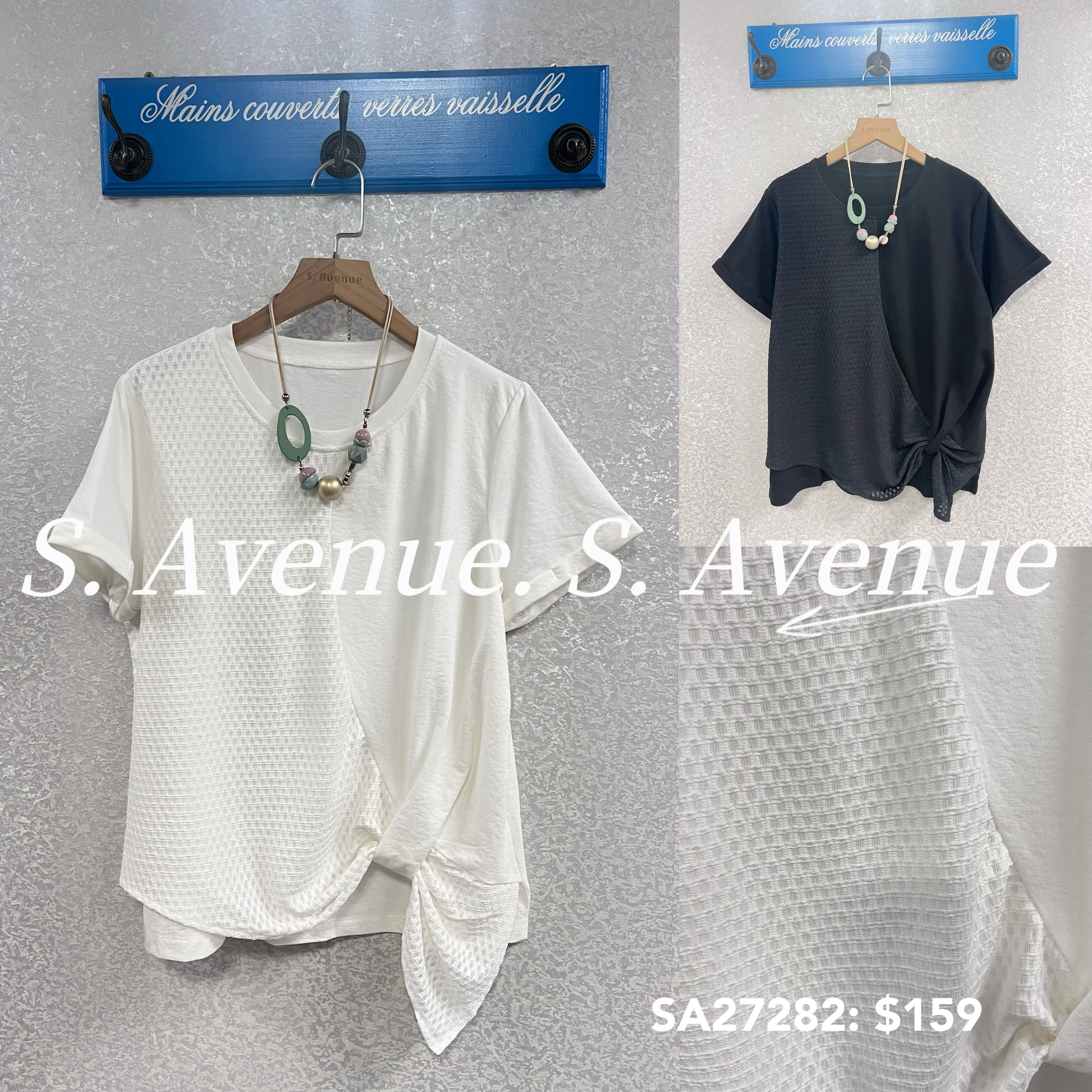 SA27282: 短袖拼網紗打結top