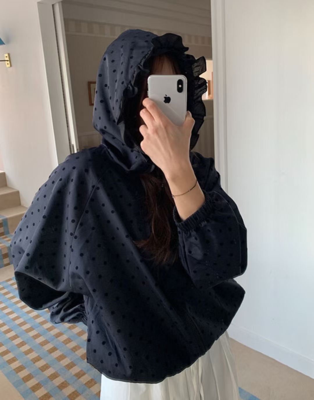 黑色圓點連帽風衣外套