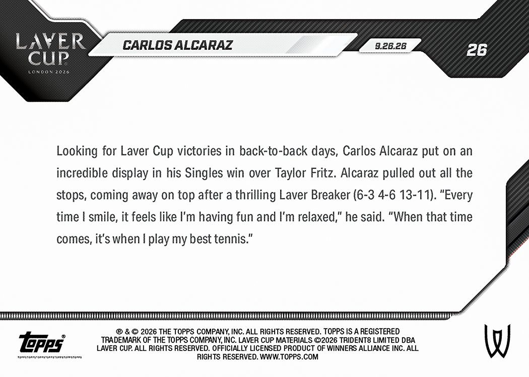 Carlos Alcaraz - 2026 Topps NOW® Tennis #26 Laver Cup 紀念卡【團購】
