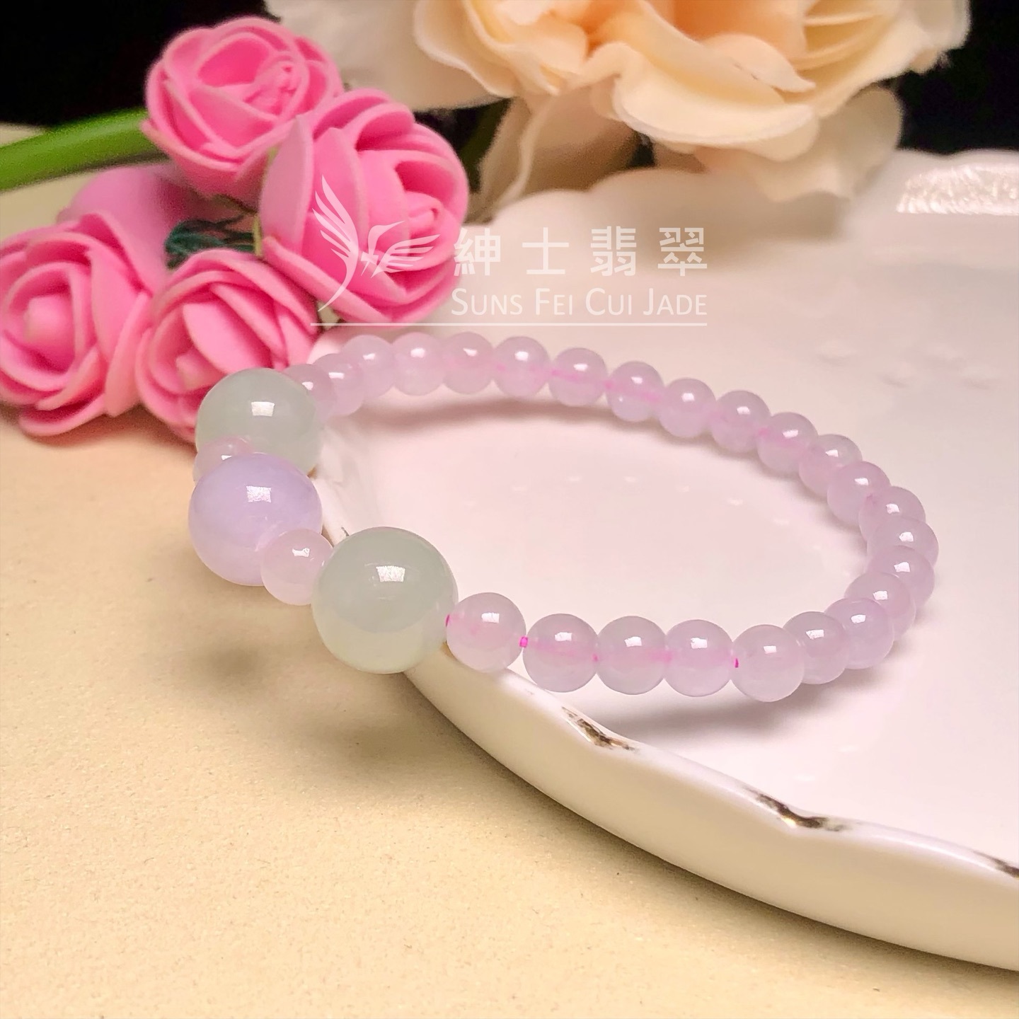 木那姐堆間會卡蘋果甜綠配冰白翡翠手串 CA00532