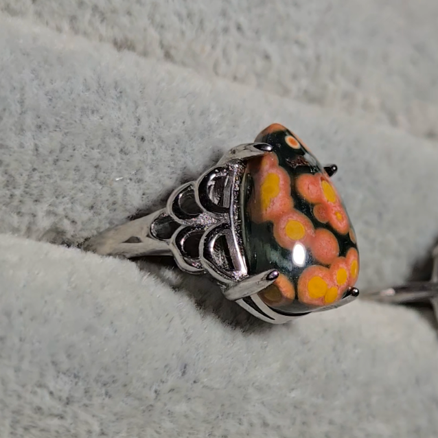 Old stock ocean jasper ring with pink-ringed yellow orbs (A) - JW33