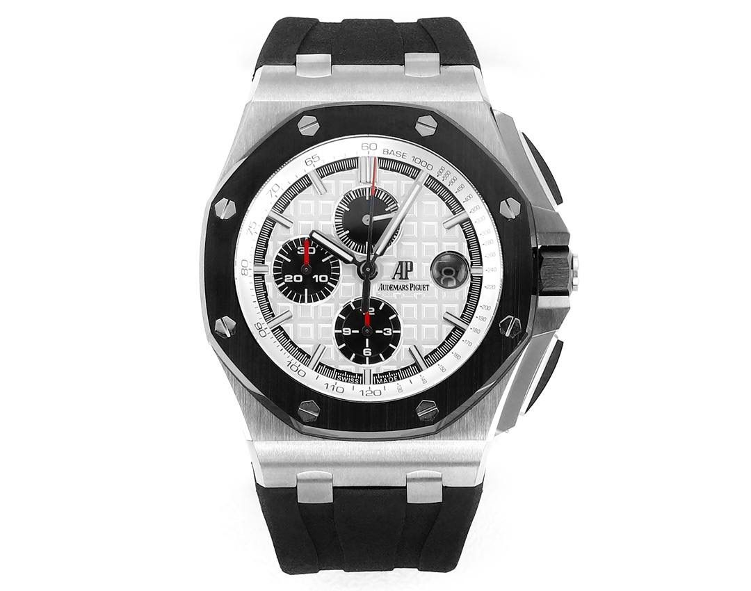 爱彼皇家橡树离岸型横空出世🔥💯引用全新的彩色陶瓷锻造技术，表壳与圈口的选料，不惜重本使用日本进口的氧化锆，无需任何颜料，以超高的压力与超高的温度锻造，形成超高密度的彩色陶瓷，再经过百里挑一，确保每一个成品都与原版毫无色差！CNC级别的打磨，将整一个表壳的边边角角完美处理，即使陶瓷，也做到毫不割手。圈口的拉丝，经过顶级的打磨技术，做到每一丝每一线都毫无断续，每一颗六角螺丝都与表框处在同一平面，拒绝一丝一毫的凸显与凹陷，诠释了何为顶级的复刻工艺！