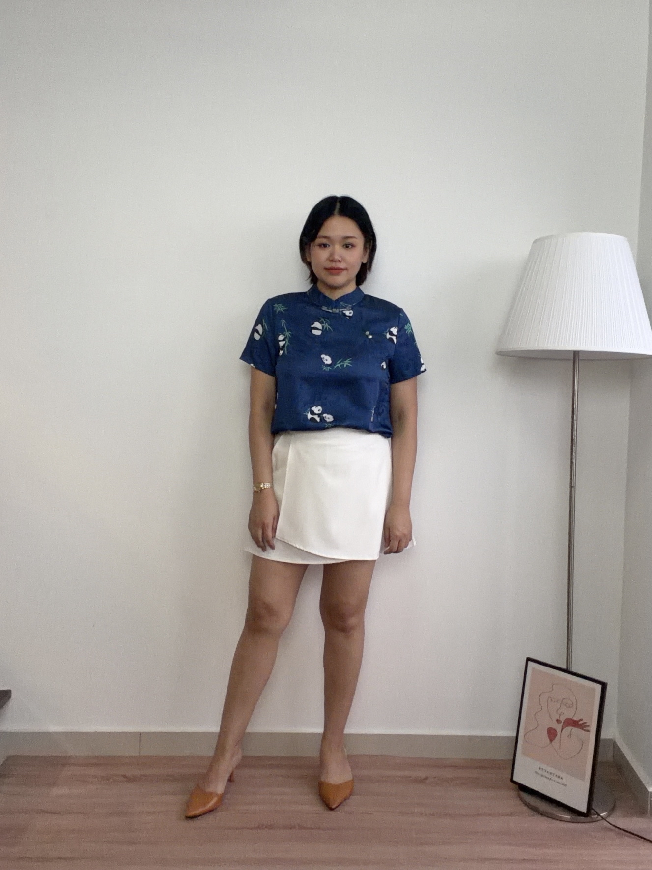 T4488 Short Sleeve Panda Cheongsam Top - Blue