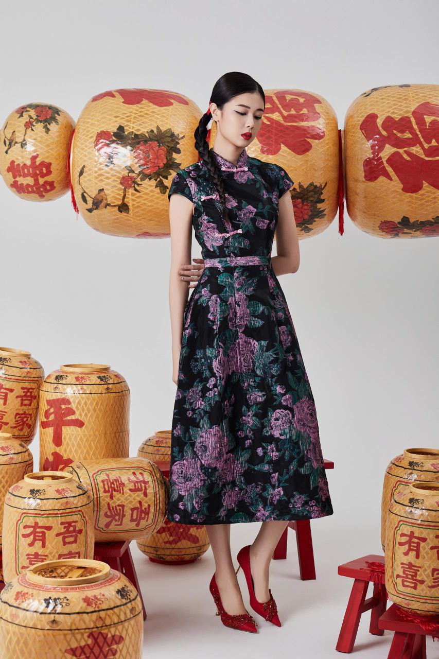 旗袍立领与斜襟盘扣连身裙 2118