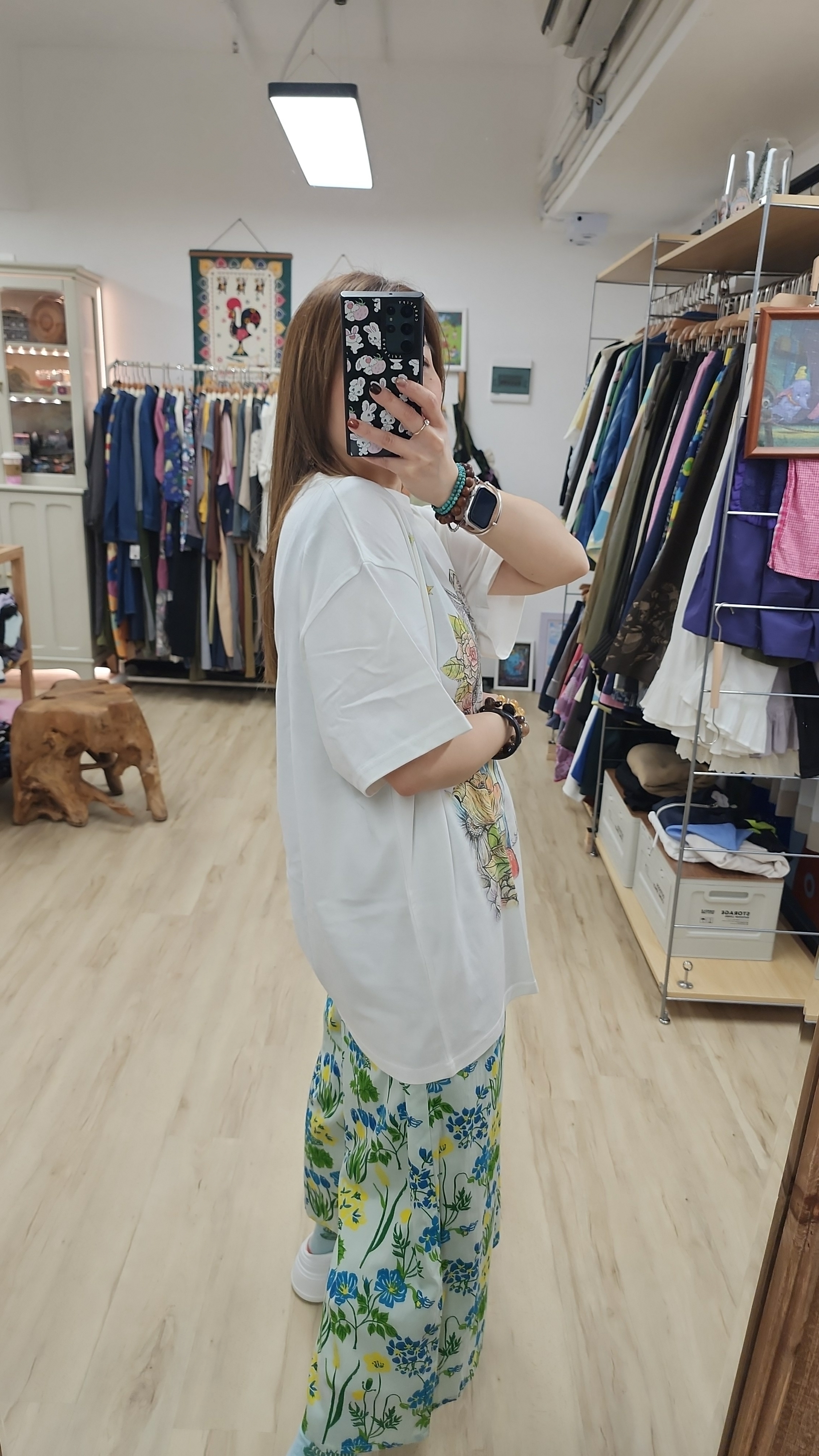 韓國米白拼大貓貓印圖中長Tee