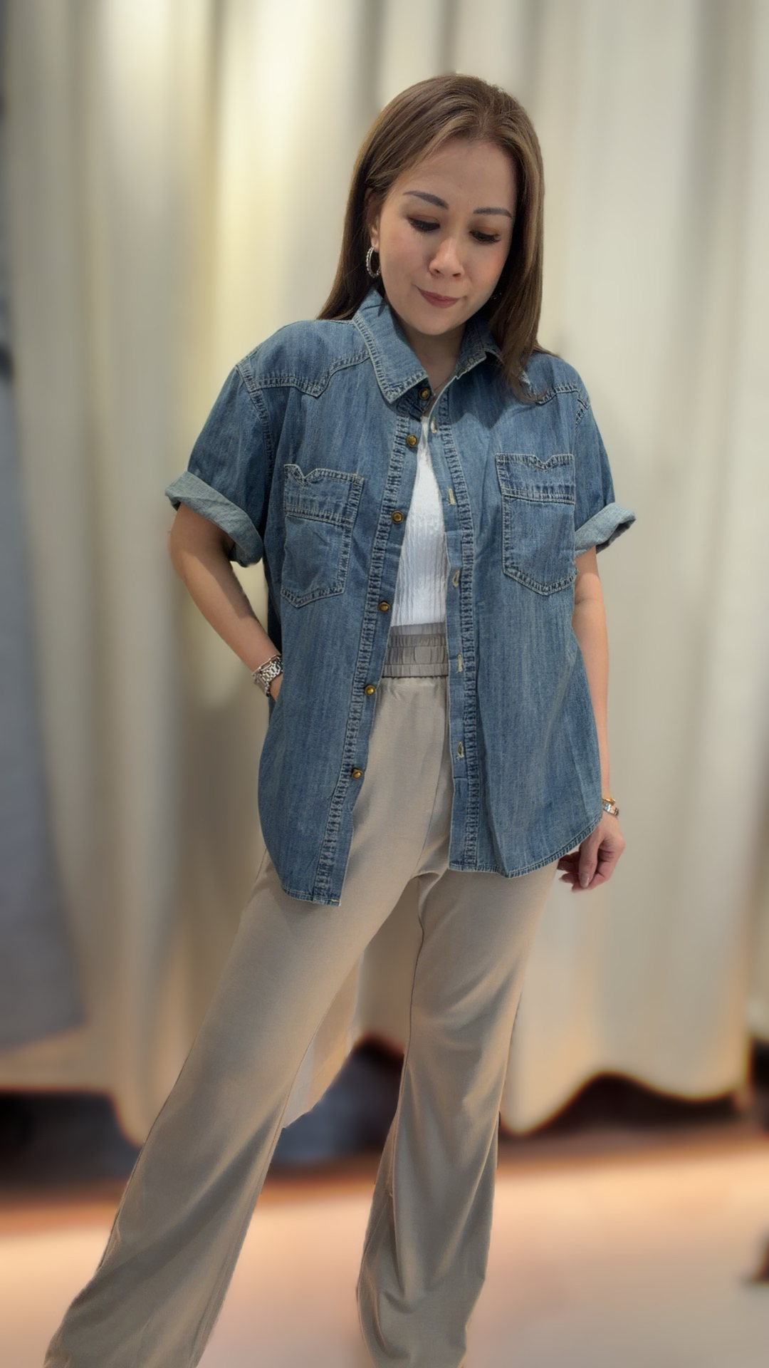 柔軟洗水牛仔中長款短袖襯衫/外套