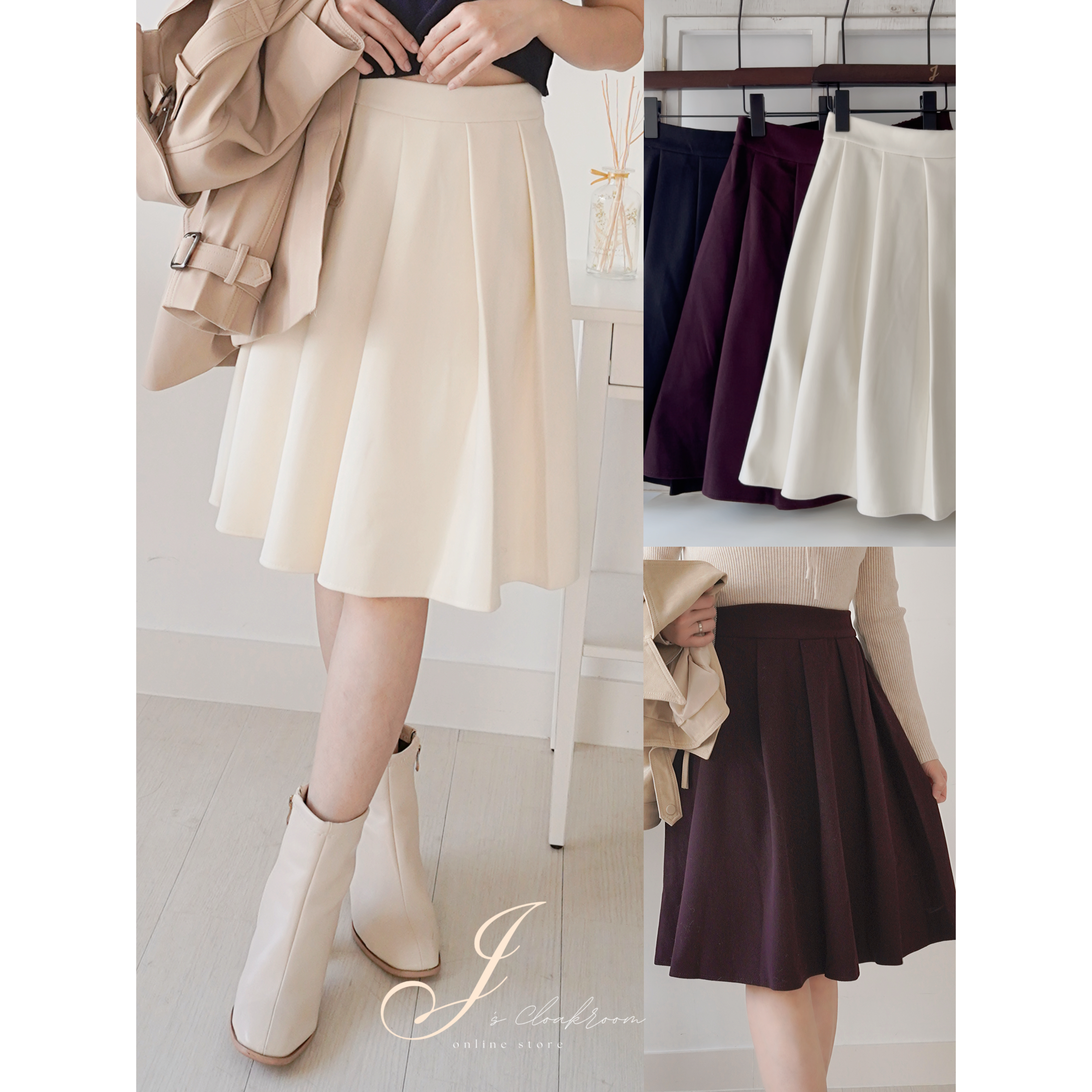 推薦！滑絨百褶及膝裙(KR)3色200360