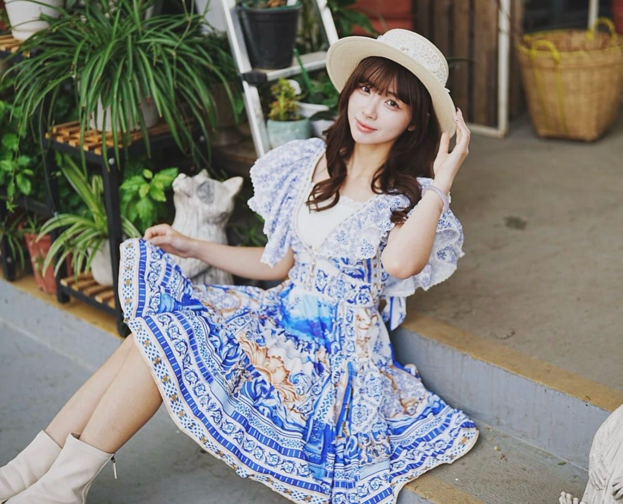 歐美風藍白/紅白印花連衣裙