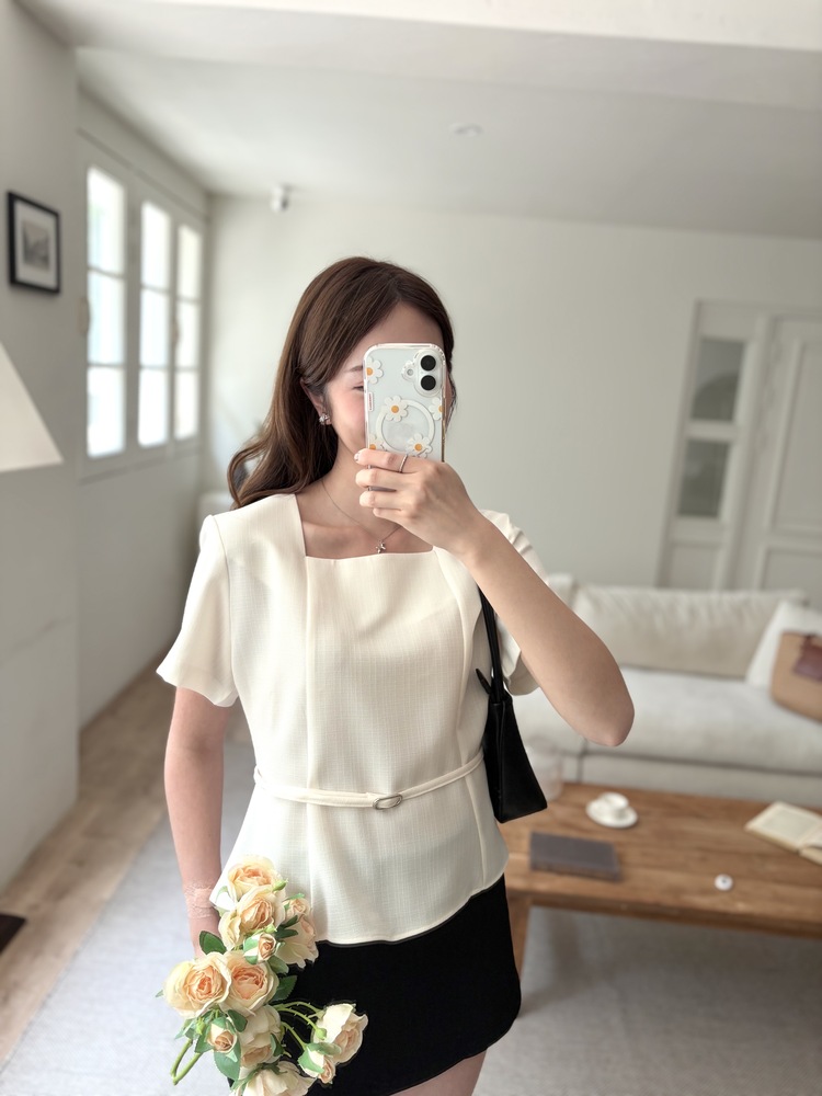 Square Neck Belted Blouse (Ivory)
