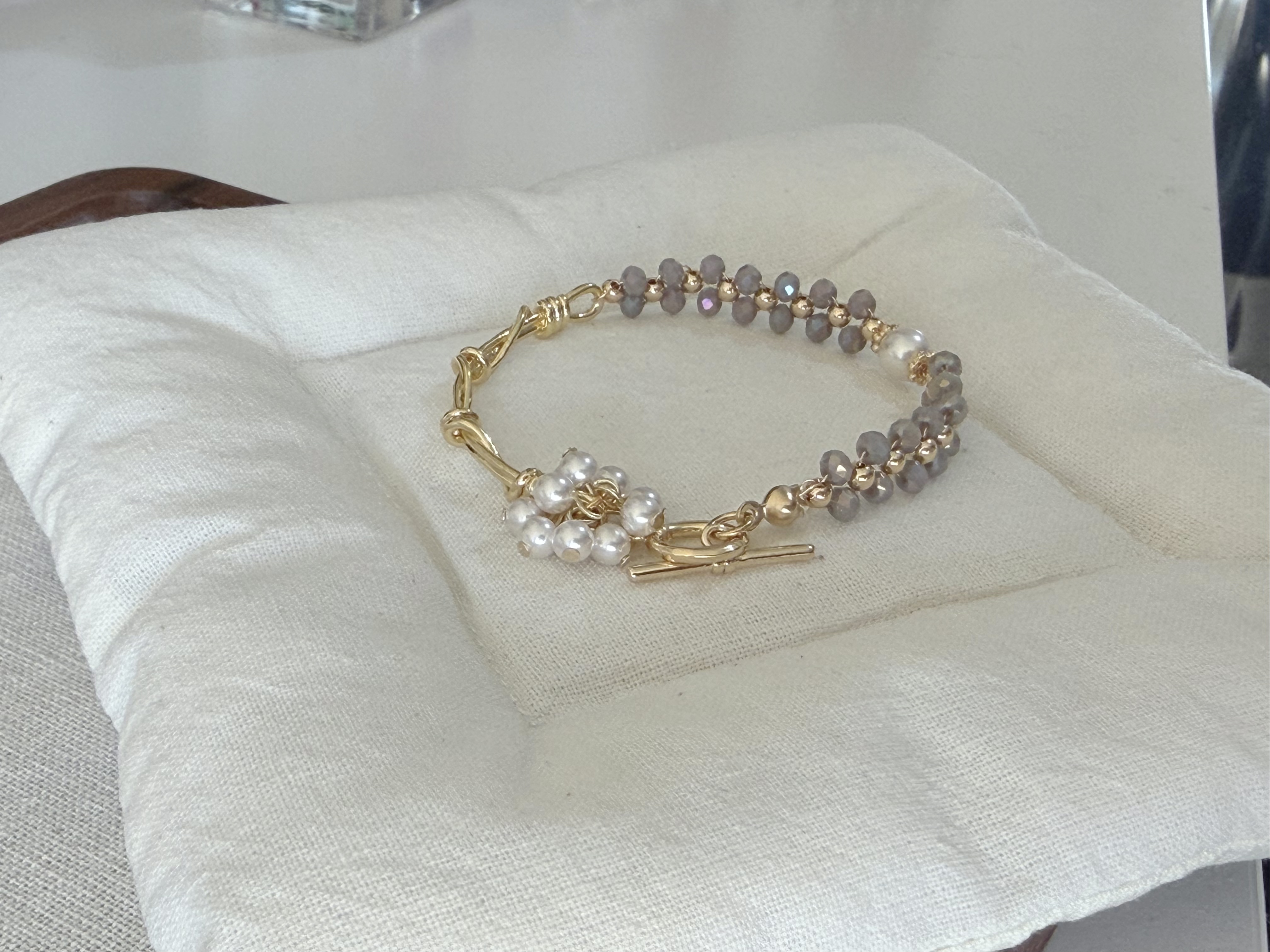 珍珠小花球併接手織手鍊/淺薰衣草x金色