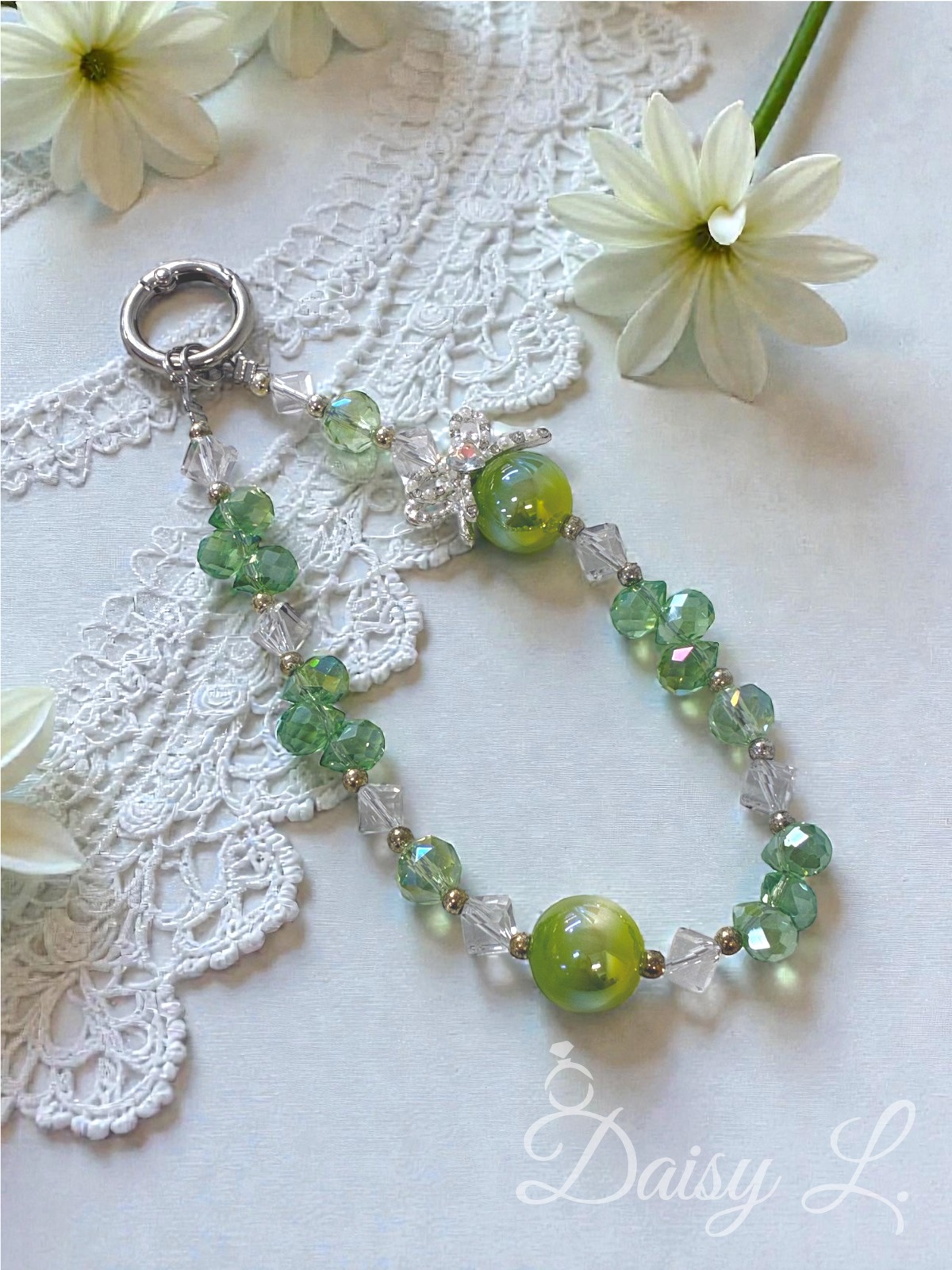 清新綠色水晶手機掛繩