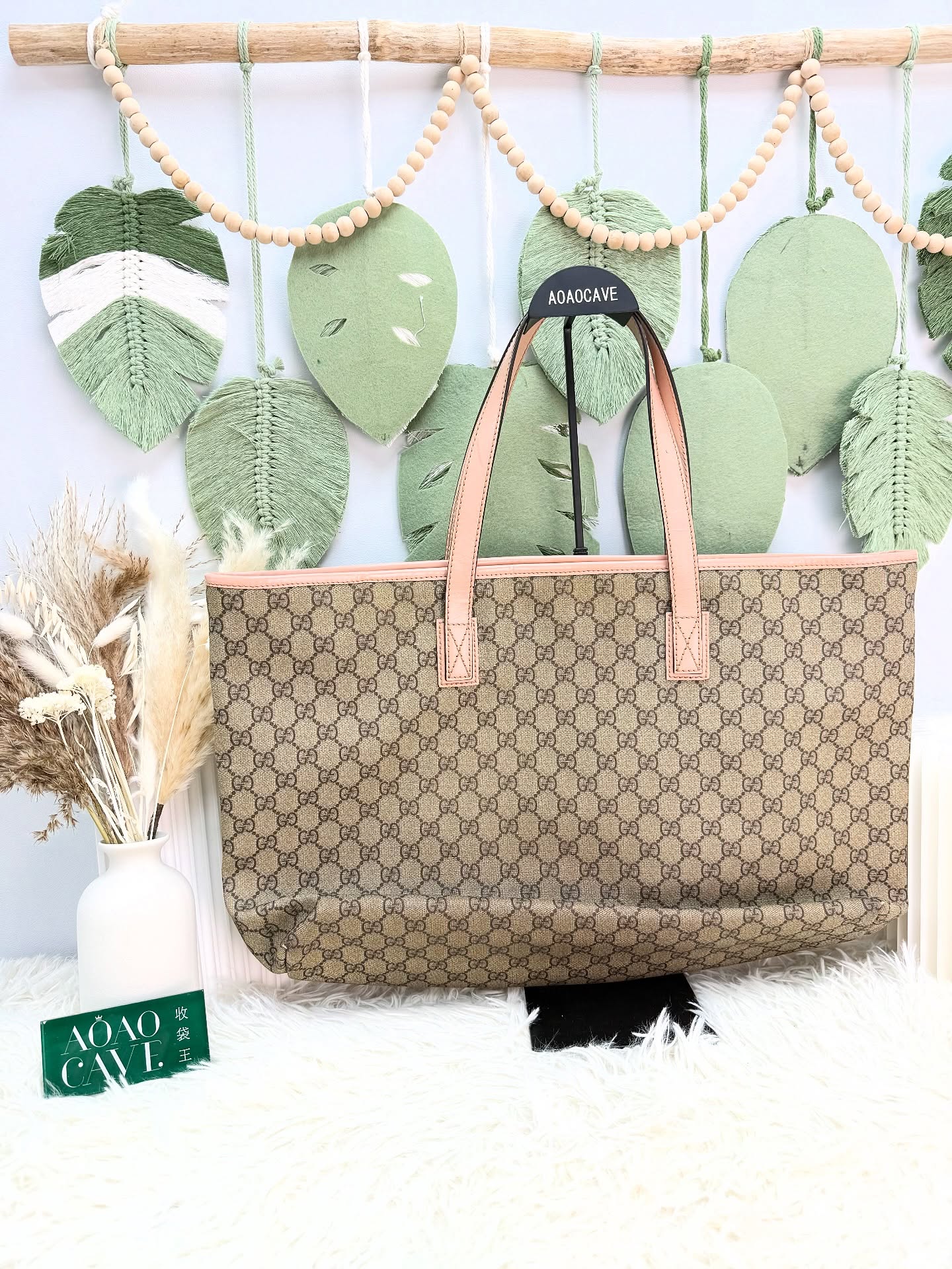 Gucci🤍PRE OWNED 🩷粉紅色皮革帆布拼皮 老花tote 有塵袋🛍️ 