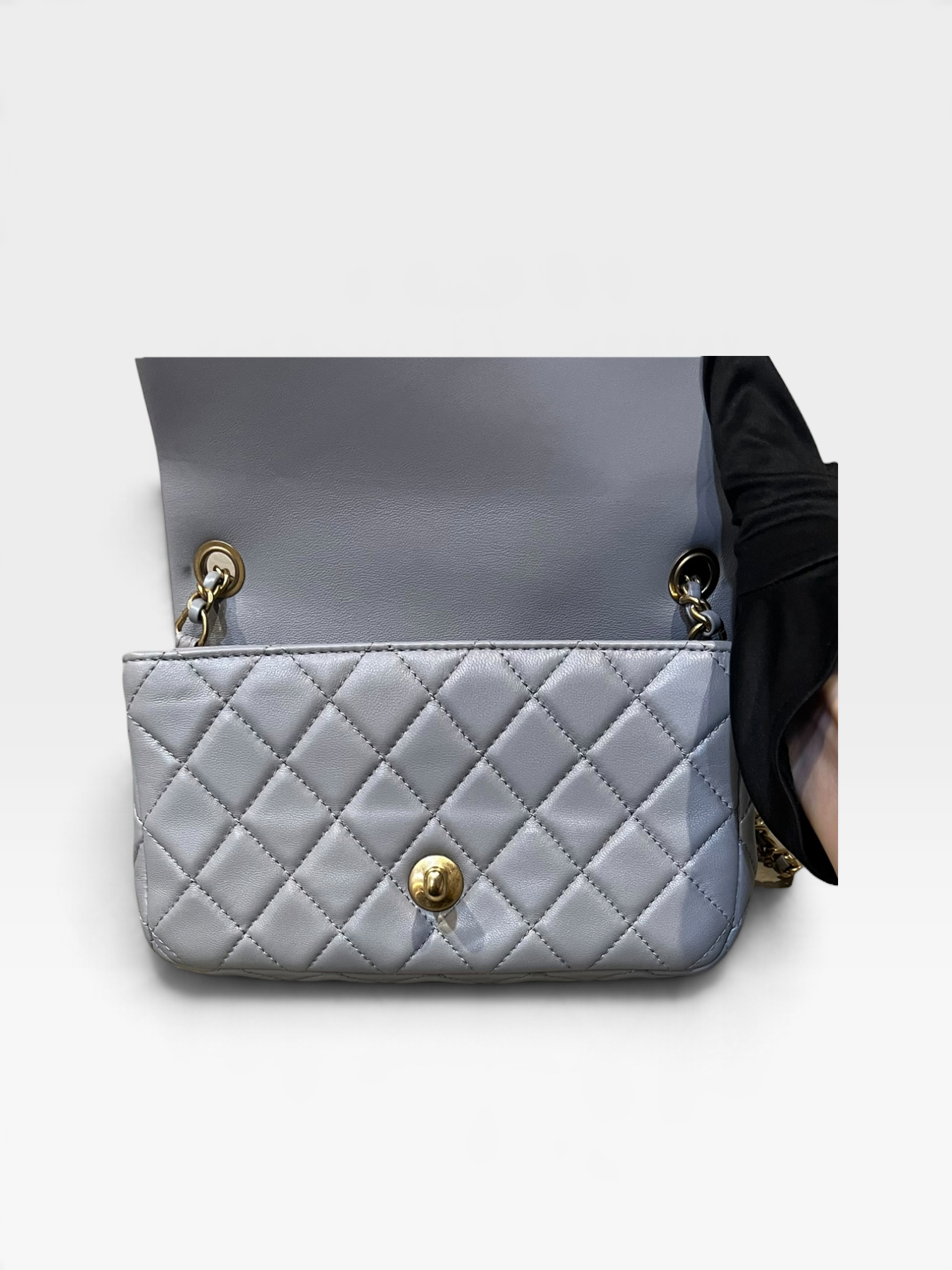 Pre-Owned Chanel Grey Lambskin Classic Mini Flap with Gold Ball / K9905