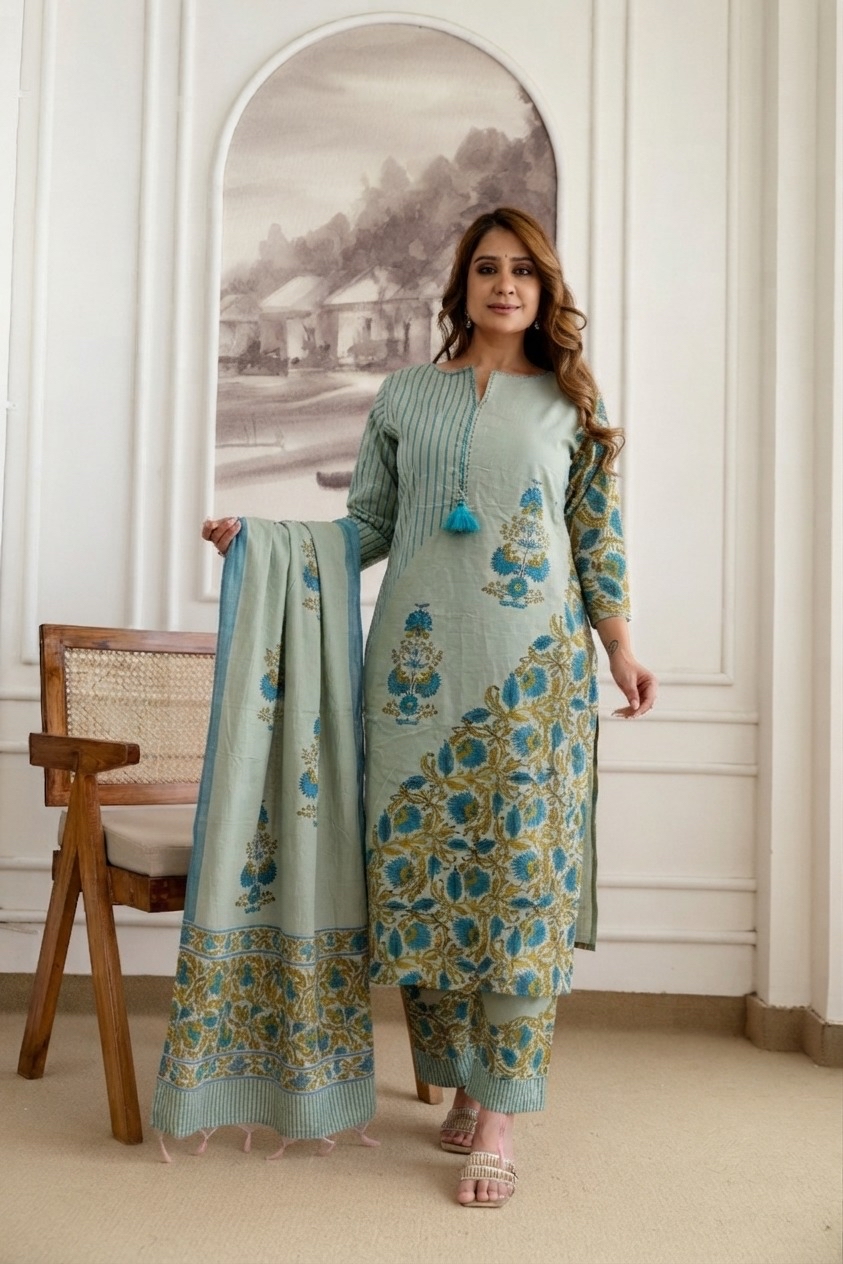 Light Teal Floral Print Kurta Set