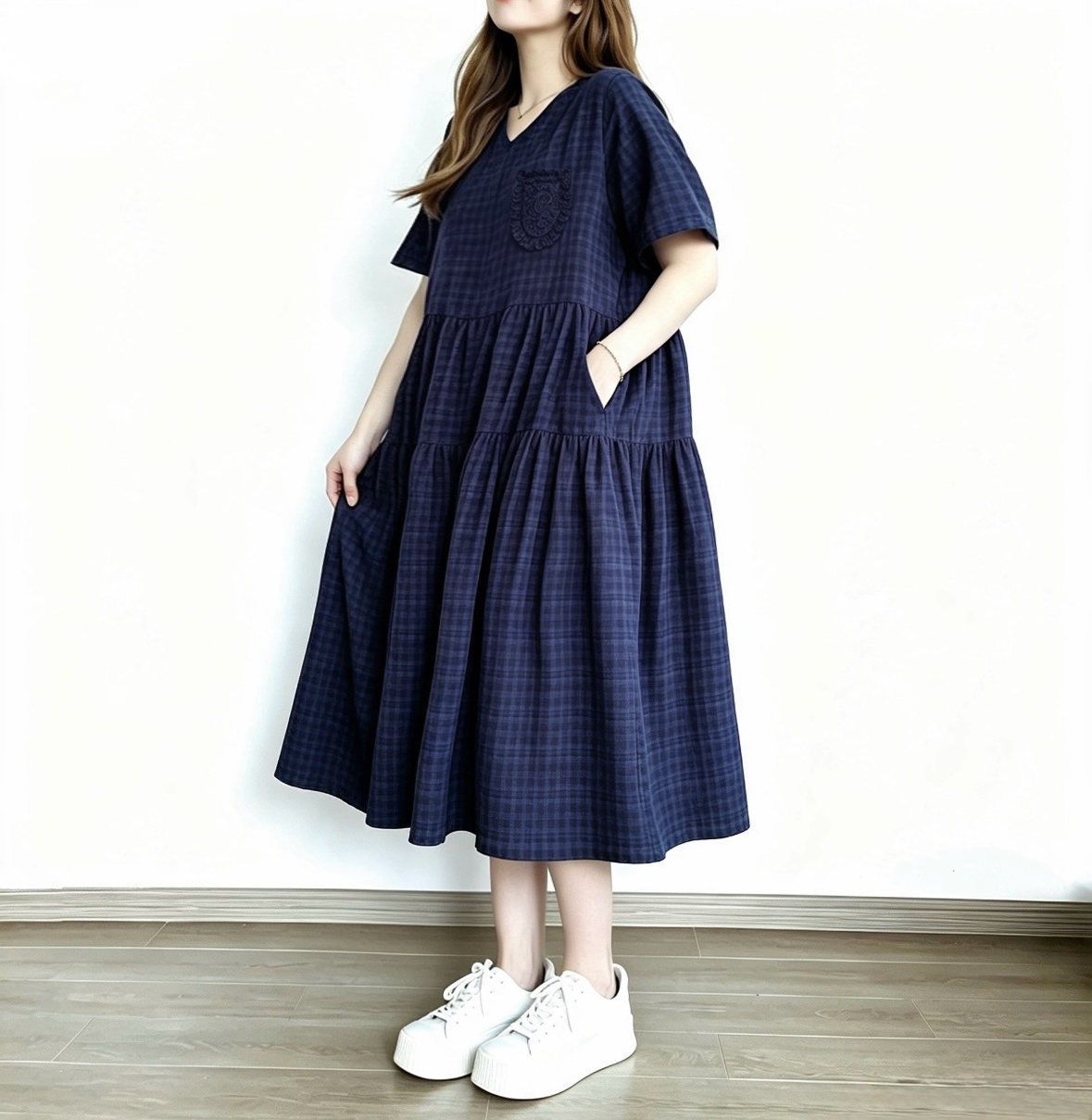 日系格仔刺繡傘裙