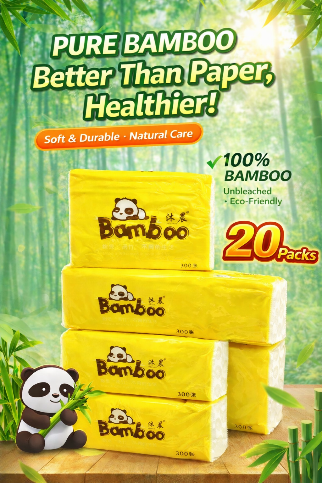 Bamboo Soft Facial Tissue Paper 4 Ply = (300pcs) 20 Packs