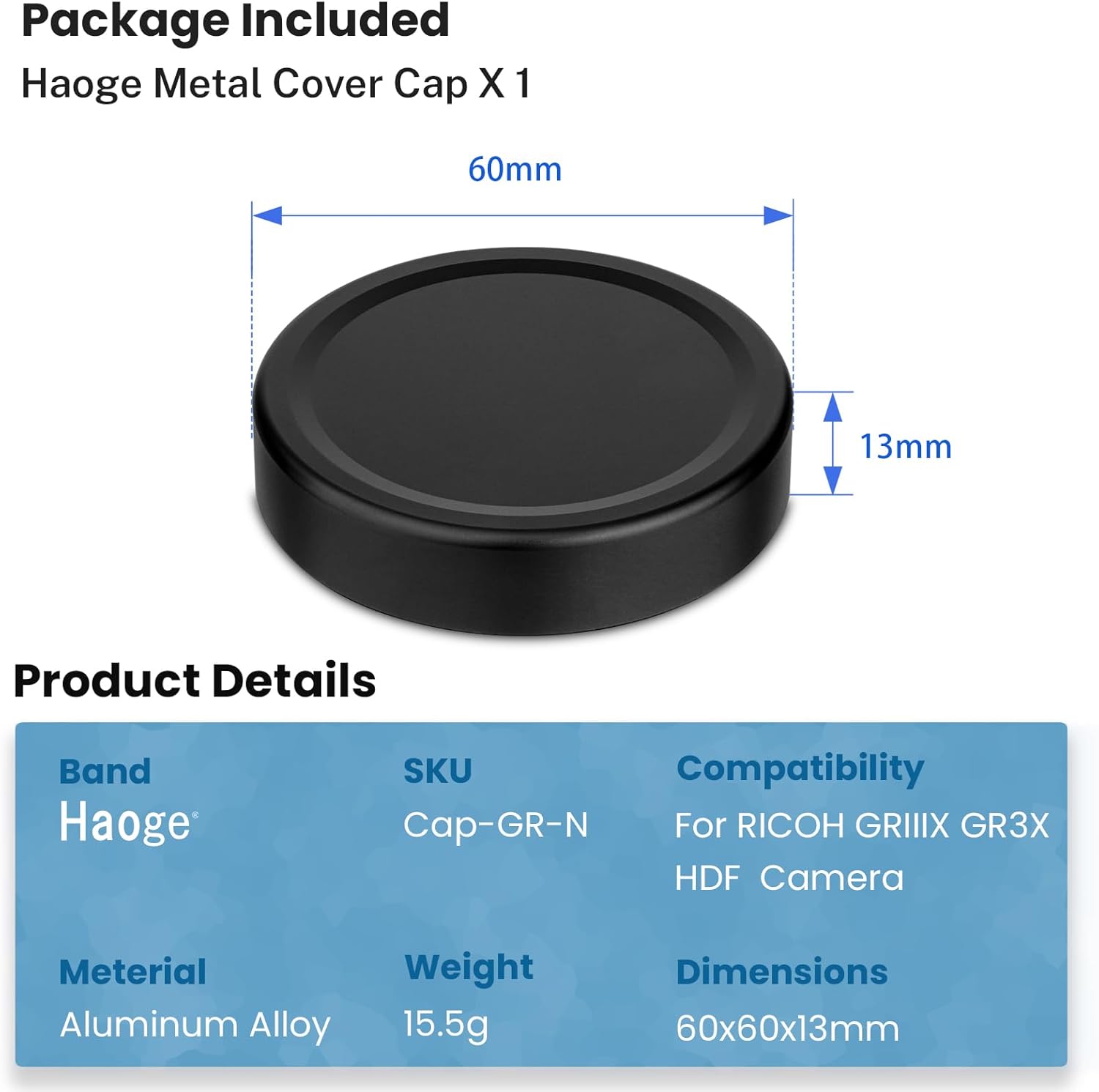 HAOGE Metal Front Lens Cap Cover For GR3 / GR3X 代用鏡頭蓋  (Cap-GR)