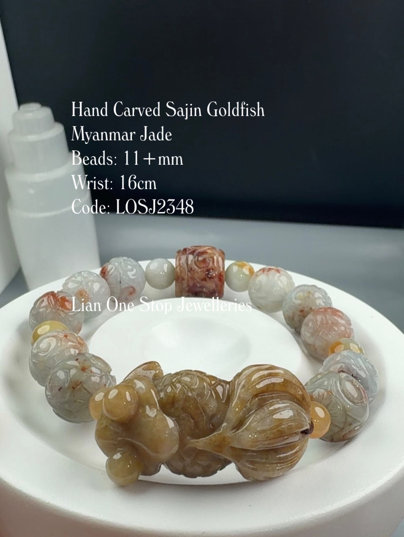 Code: LOSJ2348 Hand Carved Sajin Goldfish Myanmar Jade 11+mm